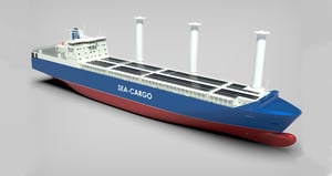 3D rendering of Trans Hav cargo vessel at sea, to which NES will deliver hybrid energy upgrades including battery containers, rotor sail integration and shore power connections.
