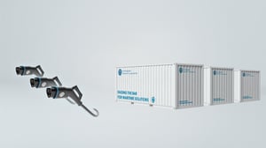 3D rendering of NES containerised charging station with MCS plug, designed for high-power maritime ferry charging at Norwegian coastal ports.