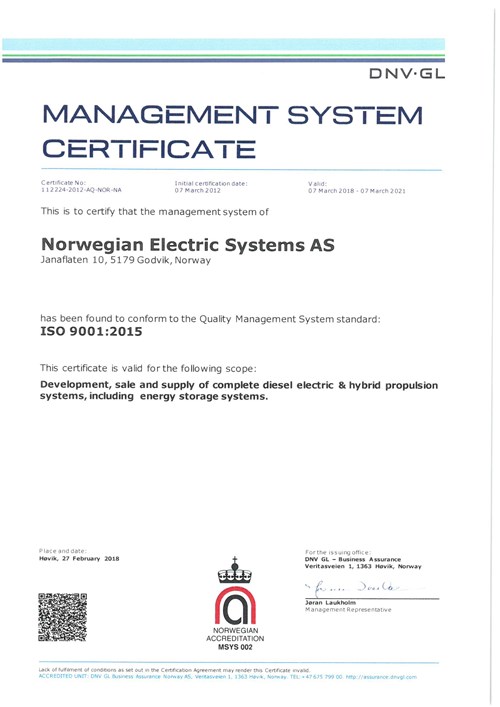 Norwegian Electric Systems ISO 9001 2015 certified Norwegian